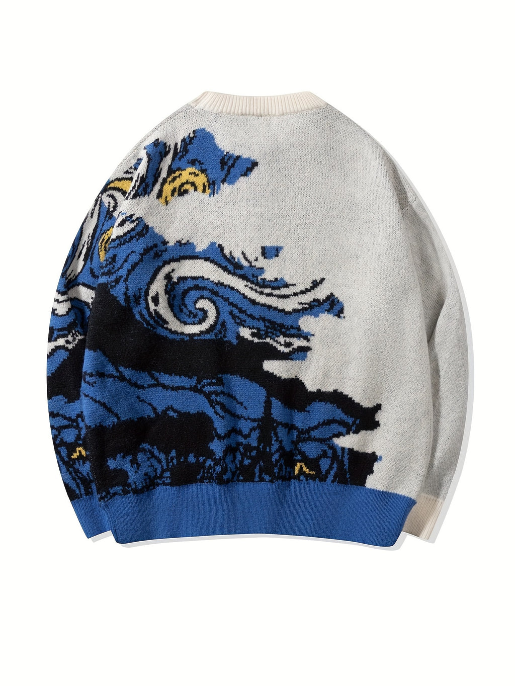 Pull unisexe à manches longues asymétriques, col rond, coupe ample et polyvalente, inspiré de la peinture à l'huile « La Nuit étoilée » de Van Gogh. Collection printemps-automne-hiver.
