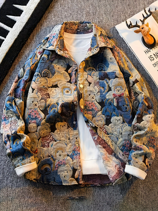 Men'S Vintage American Style Woven Bear Shirt Jacket, High-End Trendy Casual Shirt for Autumn