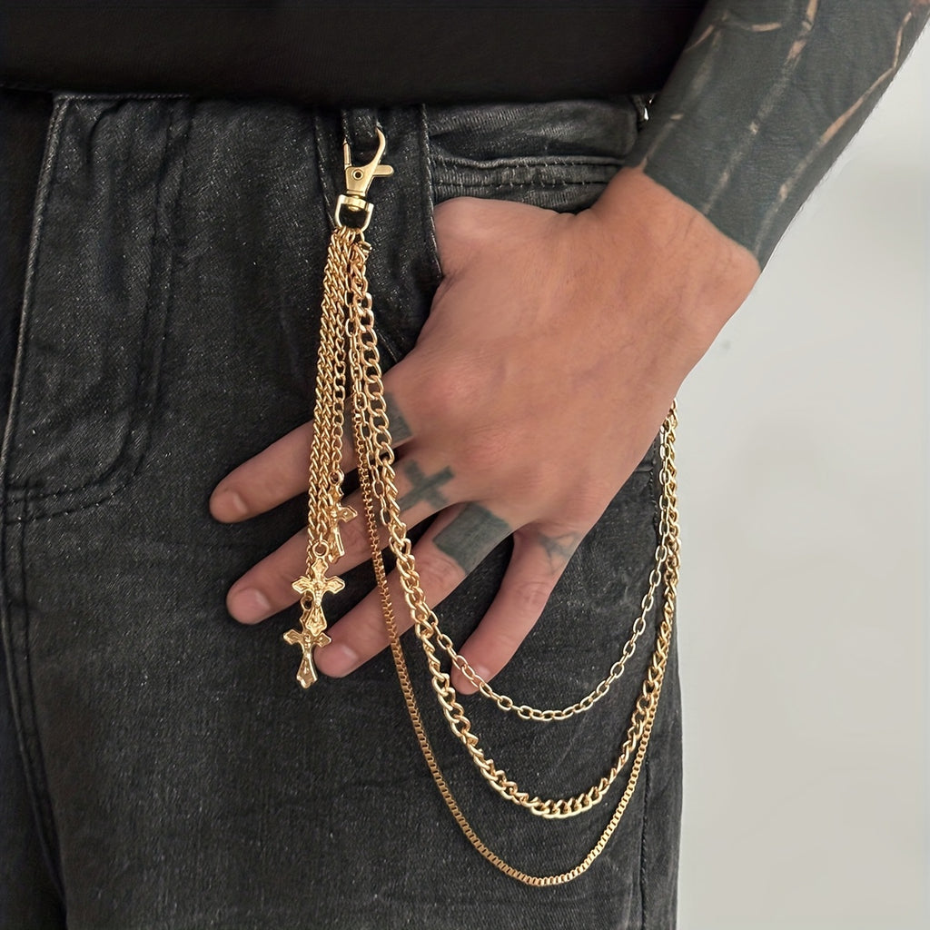 Chaîne de pantalon avec pendentif croix à trois rangs, style décontracté et minimaliste, arborant un design rétro tendance, idéal pour les soirées de tous les jours, ce qui en fait un cadeau polyvalent pour homme.