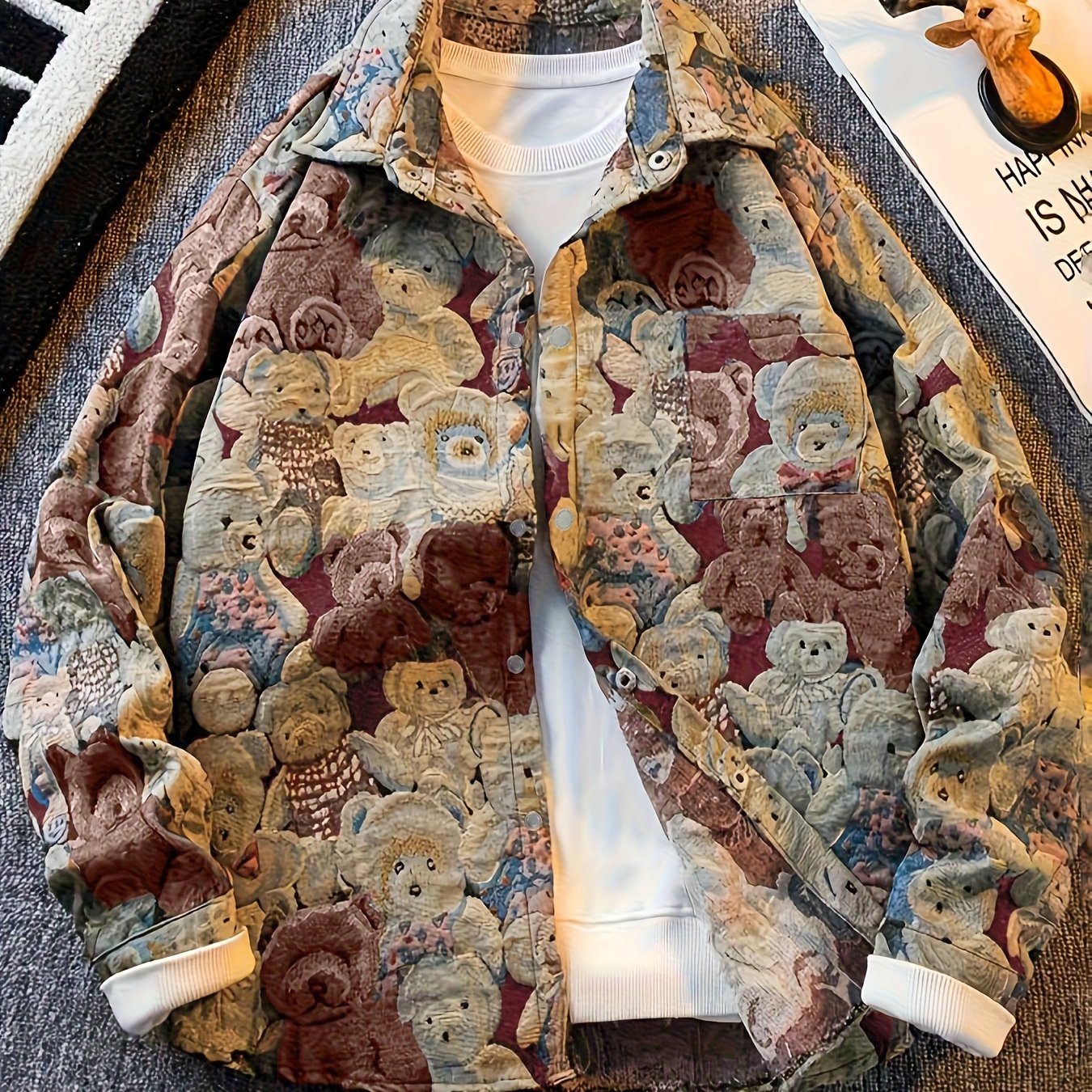 Veste Chemise Homme Vintage Américaine Ours Tissé, Chemise Décontractée Tendance Haut de Gamme pour l'Automne