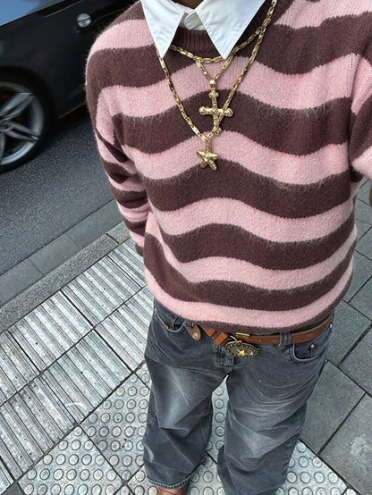 Autumn/Winter New Arrival Fabric Men's Unisex Style Long Sleeve Crew Neck Striped Drop Shoulder High Street Style Pullover Knit Top
