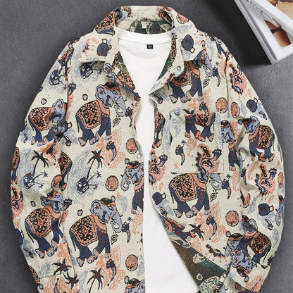 Men'S Vintage American Style Woven Bear Shirt Jacket, High-End Trendy Casual Shirt for Autumn