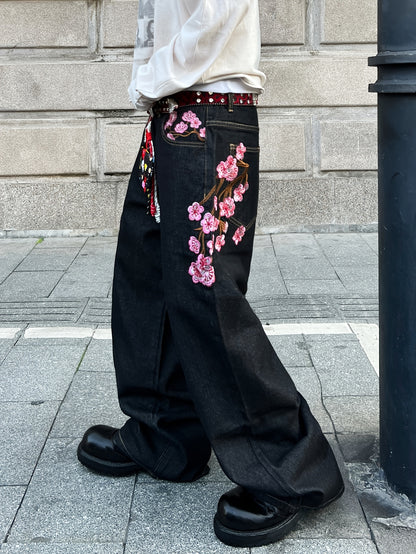 1pc American Vintage Heavy-Duty Plum Blossom Embroidered Loose Denim Jeans | Street Fashion, Unisex, Black, Non-Stretch Fabric, Regular Length, Pocket Details, All-Season