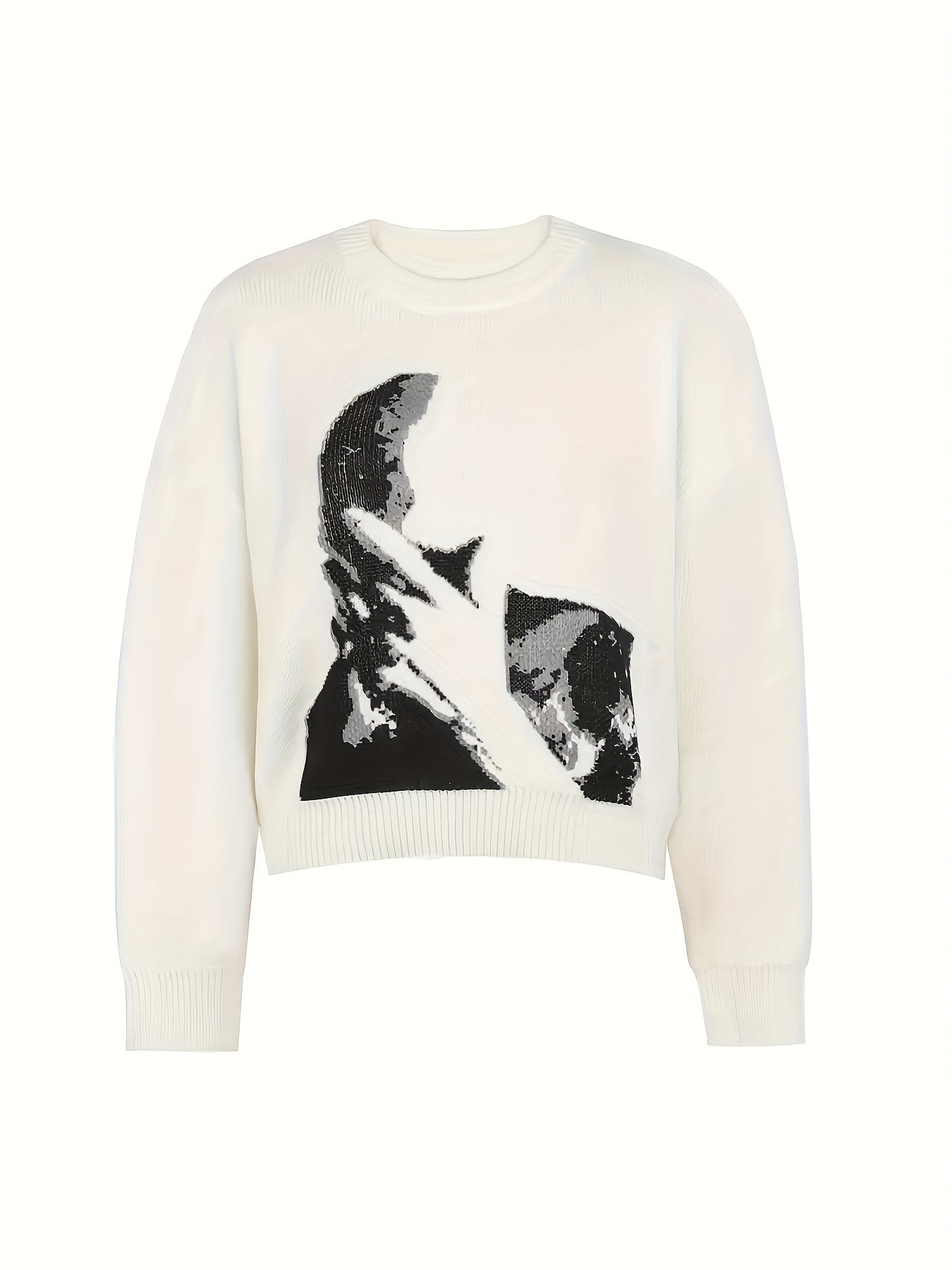 Pull femme Halloween et Noël - Pull graphique visage noir et blanc, pull doux au quotidien pour les tenues de fête d'Halloween, cadeaux de Noël - Pull chic et décontracté toute l'année pour femme, pull de fêtes, tenue festive, motif géométrique