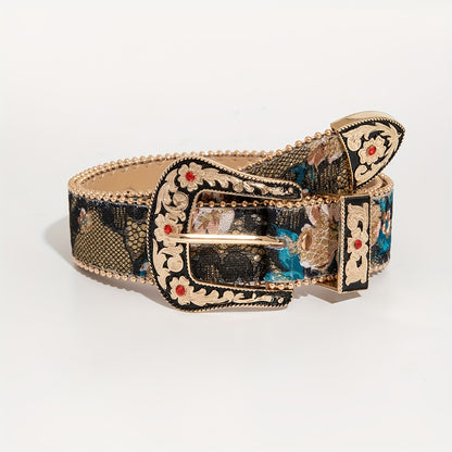 1pc Western-style Carved 3pcs Set with Floral Button-down, Embroidered Mesh Pattern, Women's Denim for Daily Outings and Banquet Dresses, Paired with a Men's Belt
