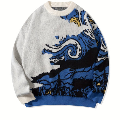 Men's and Women's Spring, Autumn, Winter Fashionable Van Gogh Starry Night Oil Painting Pattern Jacquard Asymmetrical Sleeve Long Sleeve Sweater, Unisex Crew Neck Casual Versatile Loose Drop Shoulder Pullover Fabric Top