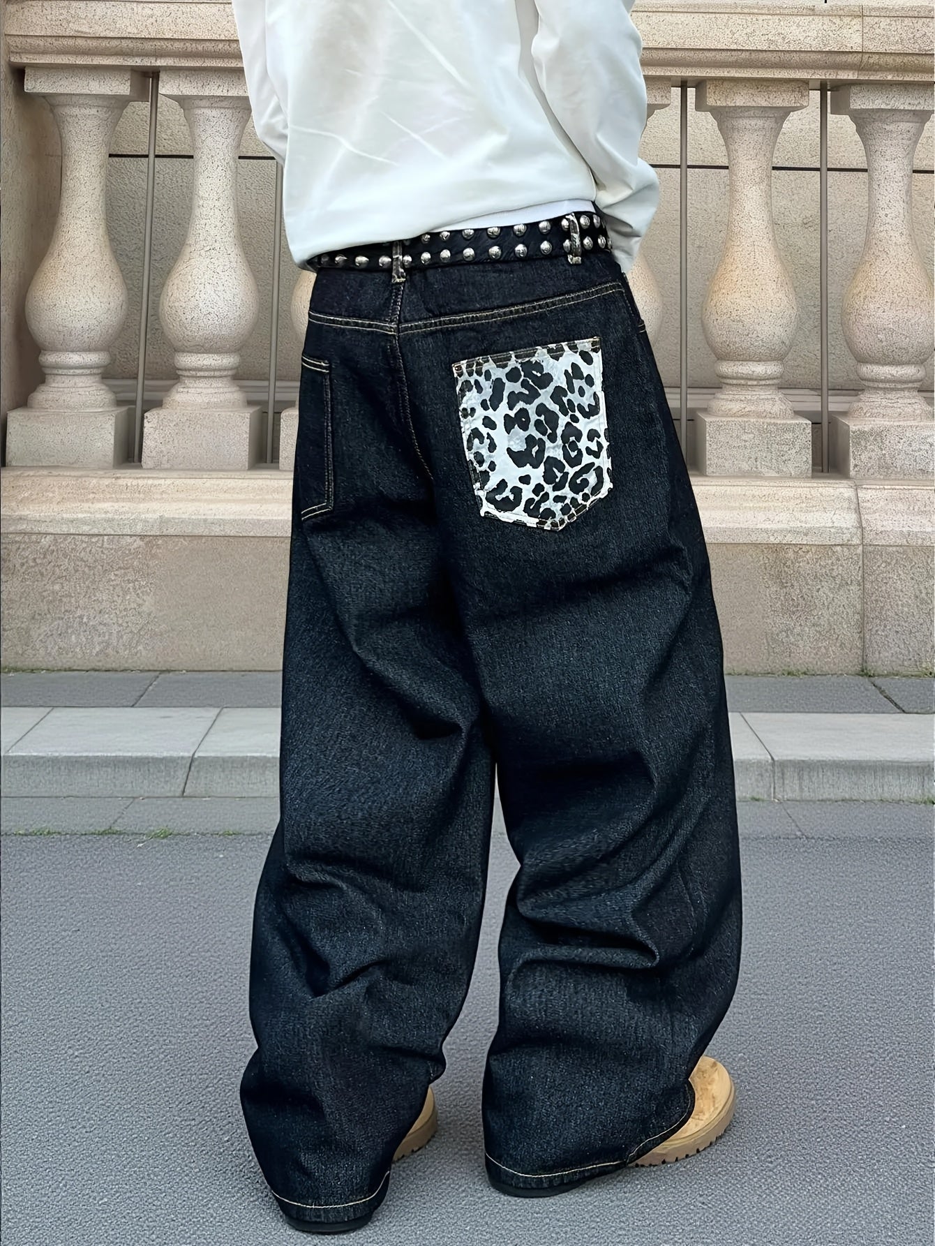 Pantalon homme vintage large noir à imprimé léopard - Coupe ample style streetwear, jean à poches pleine longueur (ceinture/cintre non inclus)