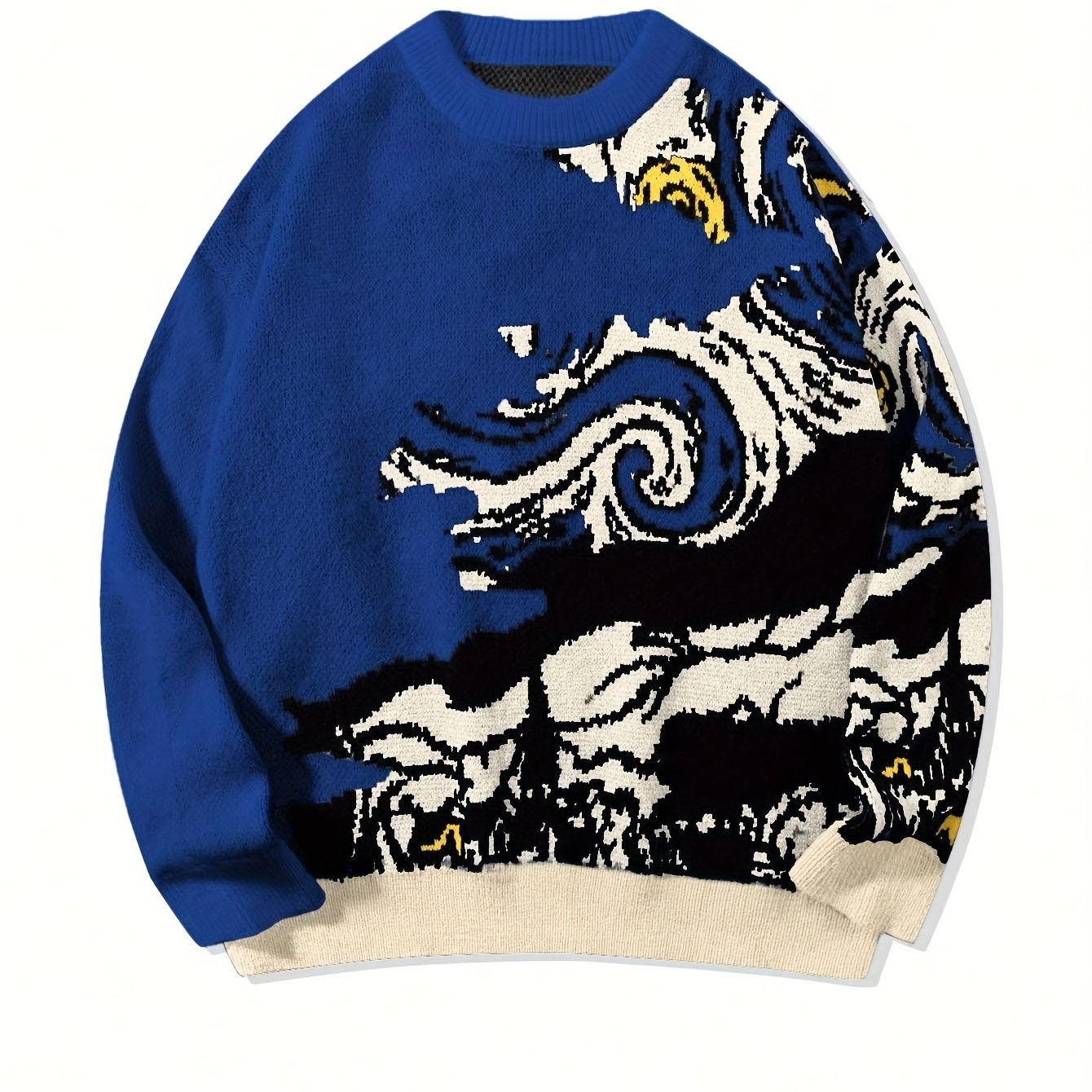 Pull unisexe à manches longues asymétriques, col rond, coupe ample et polyvalente, inspiré de la peinture à l'huile « La Nuit étoilée » de Van Gogh. Collection printemps-automne-hiver.