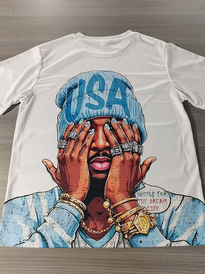 Men'S Casual Short Sleeve T-Shirt White, Men'S 3D Digital Print T-Shirt, Streetwear Style Hip Hop T-Shirt Rapper Graphic Tees, Men'S Short Sleeve T-Shirt, Casual Men'S T-Shirt Crew Neck Short Sleeve