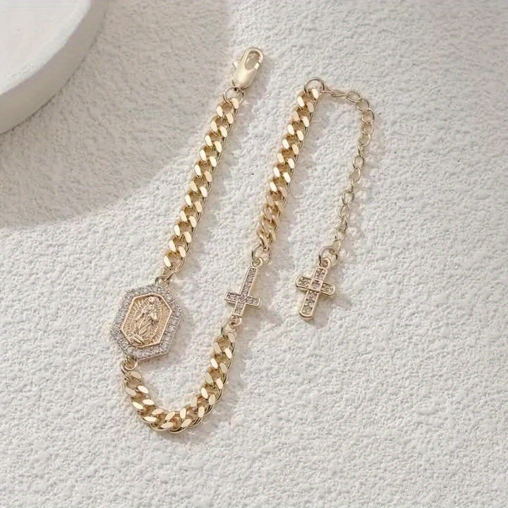 Bracelet religieux vintage et élégant plaqué or 14 carats, orné de zirconiums cubiques. Bijou unisexe, idéal pour la prière quotidienne et la méditation. À porter au quotidien, en cadeau, pour les fêtes, Noël, Halloween ou comme accessoire de mode.