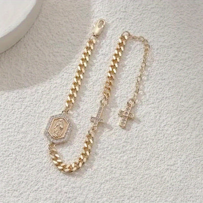 Vintage And Elegant 14K Gold-Plated Religious Bracelet Inlaid with Cubic Zirconia, Unisex Fashion Jewelry, Suitable for Daily Prayer, Self-Salvation Meditation. Daily Wear, Gifts, Parties, Christmas, Halloween, Jewelry Additi