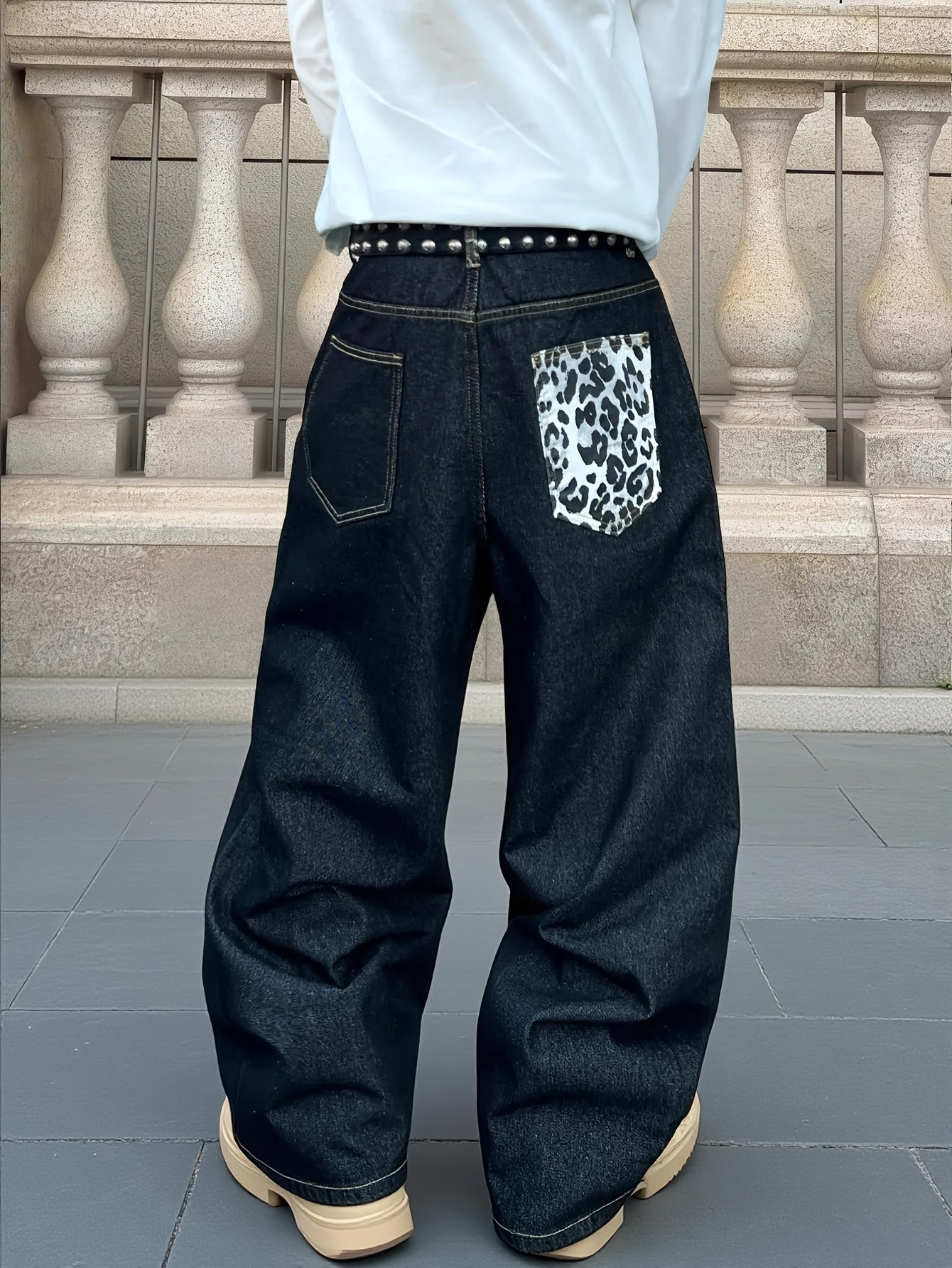 Pantalon homme vintage large noir à imprimé léopard - Coupe ample style streetwear, jean à poches pleine longueur (ceinture/cintre non inclus)