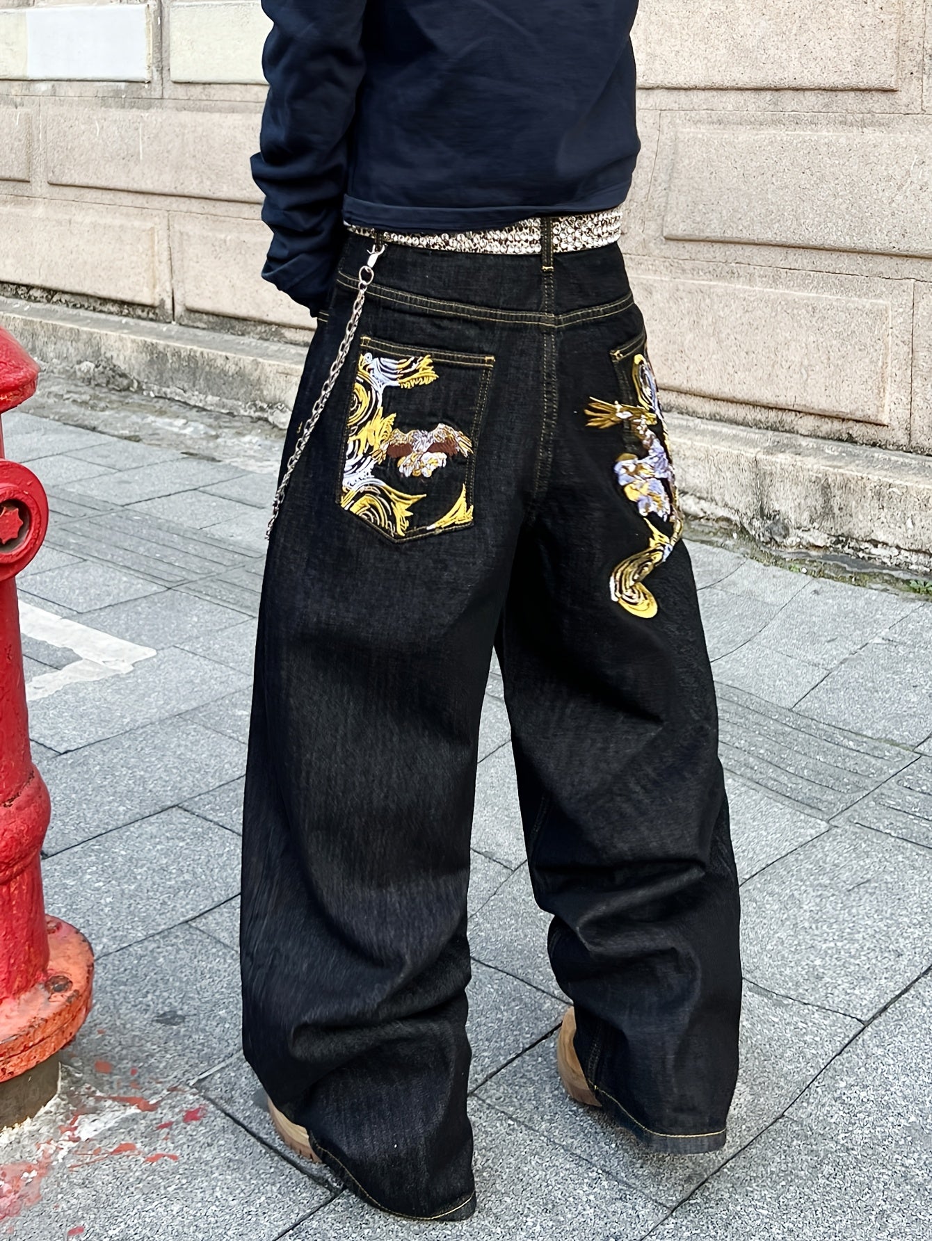 Jean ample en denim brodé doré style vintage américain, résistant et durable | Style streetwear hip-hop, tissu non extensible, longueur standard, toutes saisons, poches, ceinture non incluse