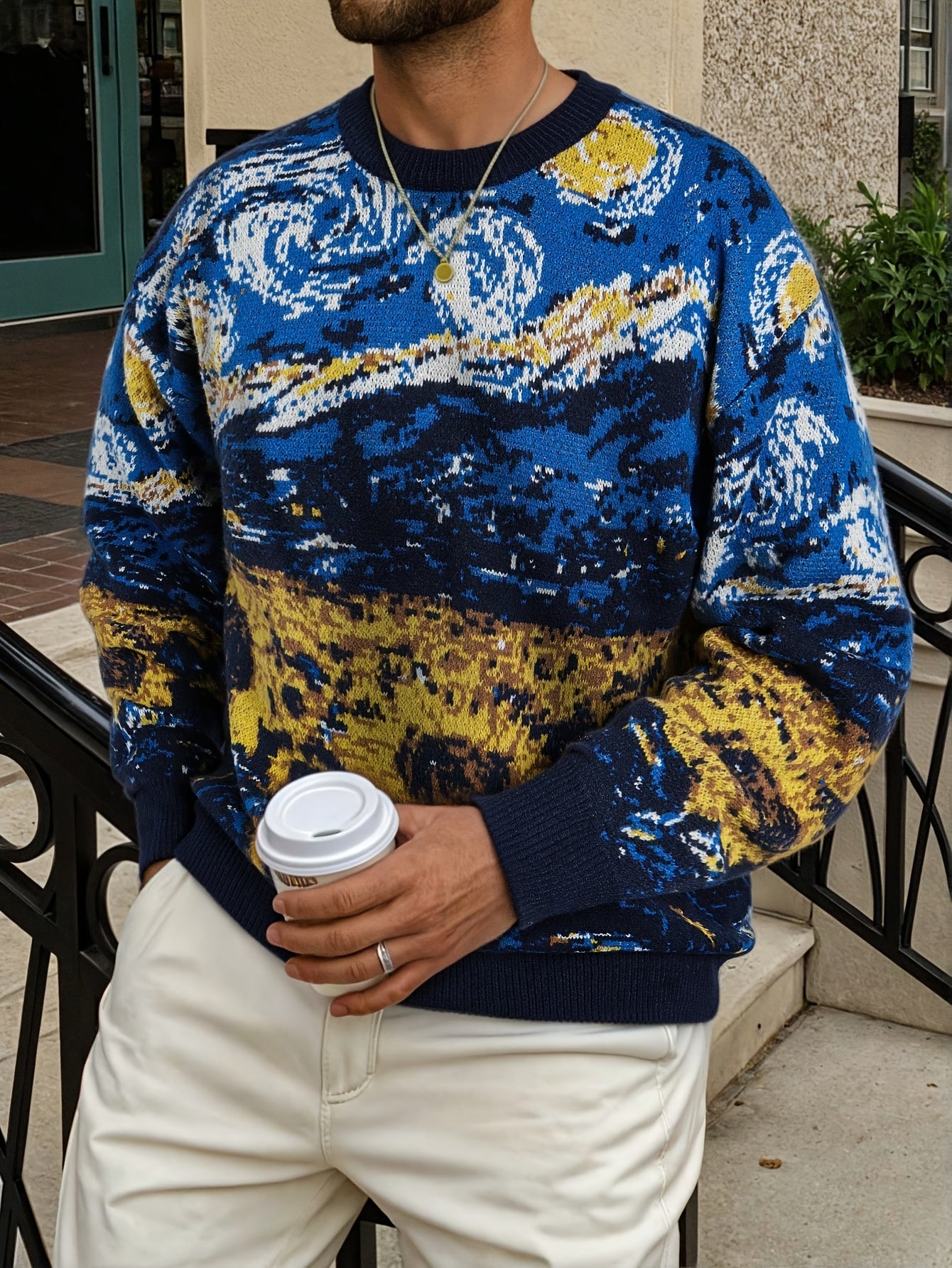 Nouveau pull décontracté pour homme, idéal pour l'automne et l'hiver. Coupe ample, orné d'un motif inspiré de Van Gogh représentant un tournesol et un ciel étoilé, avec des manches longues en maille vintage et un col rond.