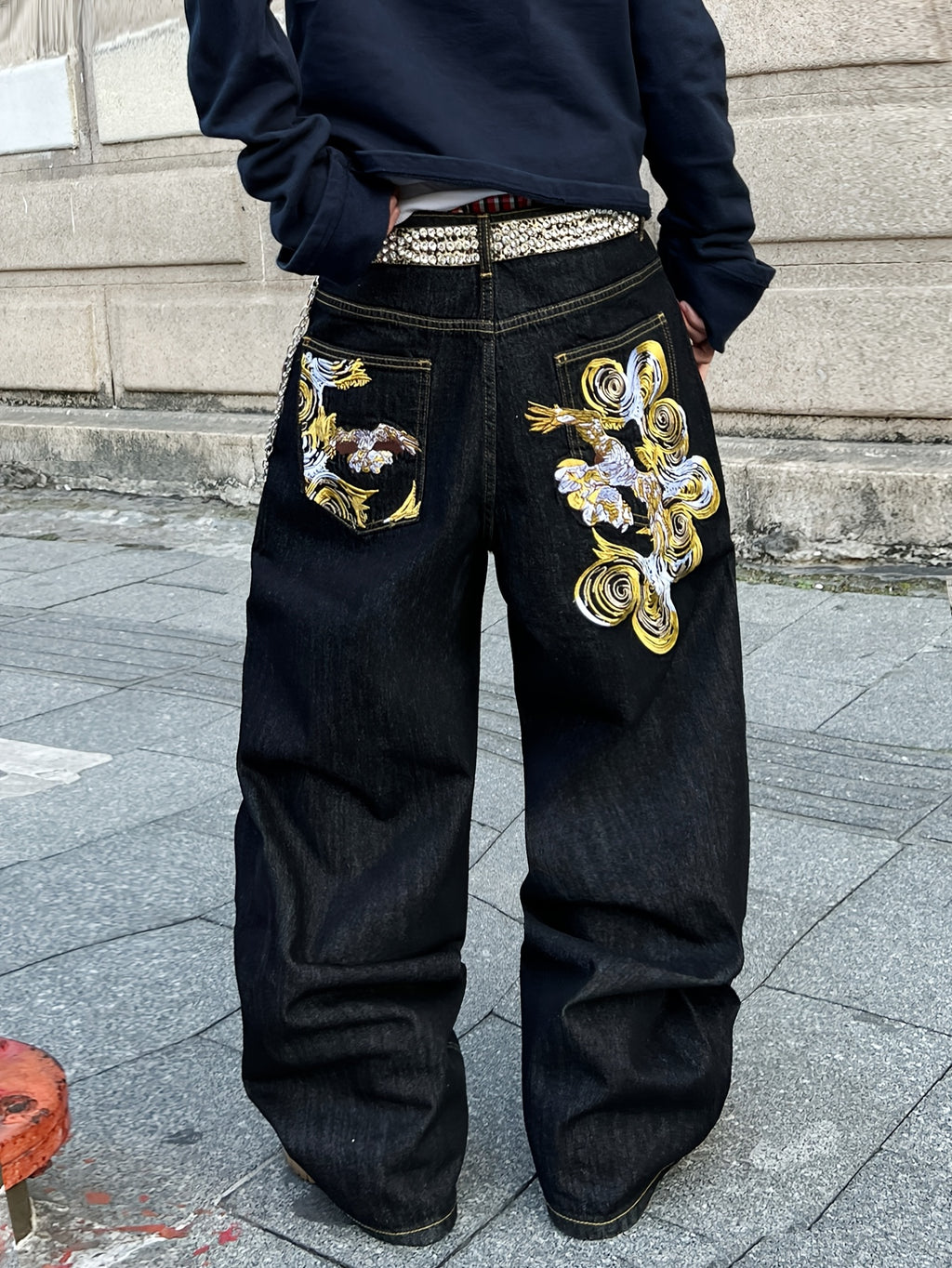 Jean ample en denim brodé doré style vintage américain, résistant et durable | Style streetwear hip-hop, tissu non extensible, longueur standard, toutes saisons, poches, ceinture non incluse