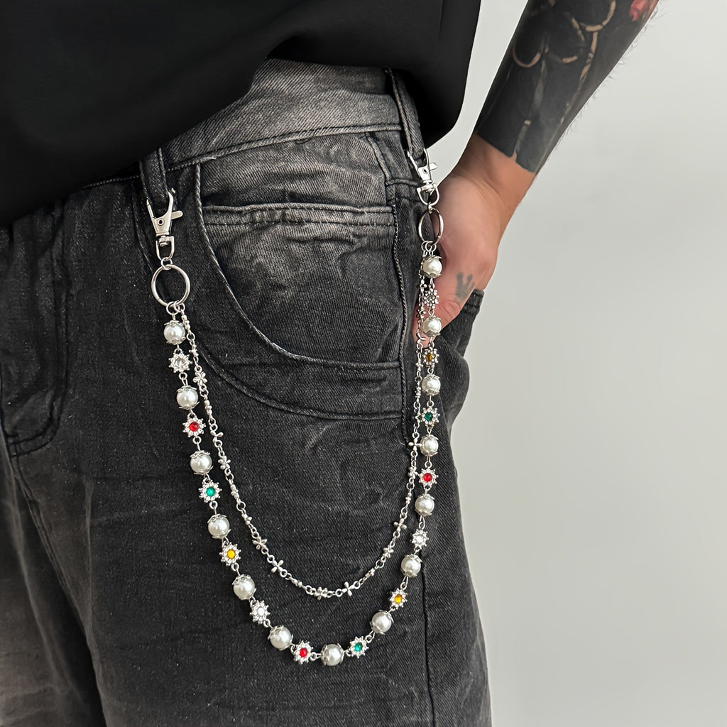 Chaîne en denim 1 pièce, petite chaîne à fleurs, style hip-hop, strass colorés, pendentif chaîne de taille, streetwear