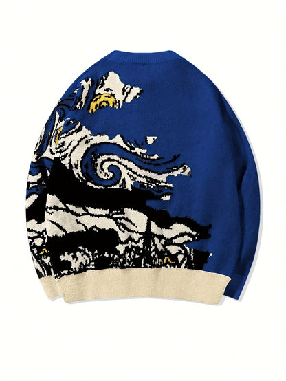 Men's and Women's Spring, Autumn, Winter Fashionable Van Gogh Starry Night Oil Painting Pattern Jacquard Asymmetrical Sleeve Long Sleeve Sweater, Unisex Crew Neck Casual Versatile Loose Drop Shoulder Pullover Fabric Top