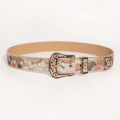 1pc Western-style Carved 3pcs Set with Floral Button-down, Embroidered Mesh Pattern, Women's Denim for Daily Outings and Banquet Dresses, Paired with a Men's Belt