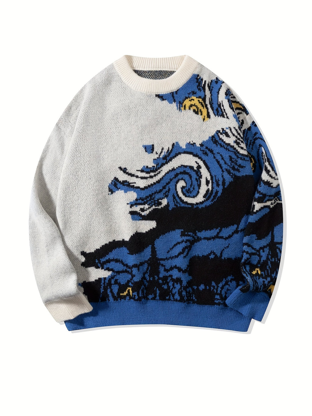 Pull unisexe à manches longues asymétriques, col rond, coupe ample et polyvalente, inspiré de la peinture à l'huile « La Nuit étoilée » de Van Gogh. Collection printemps-automne-hiver.
