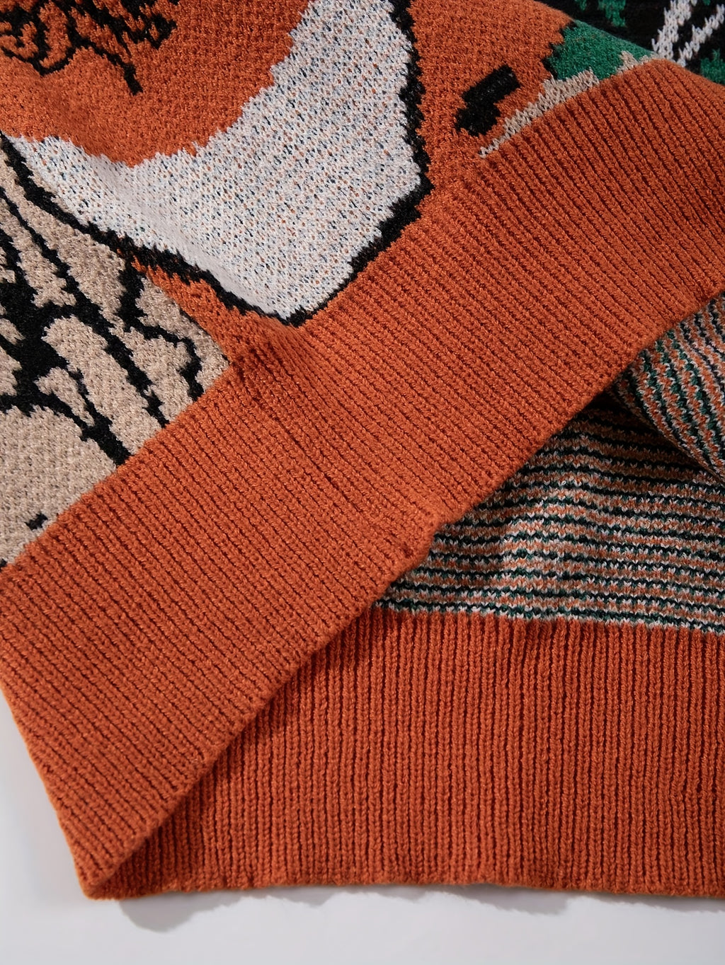 Pull unisexe à manches longues et coupe ample - Motif géométrique orange vif, vert, col rond, poignets côtelés, idéal pour le printemps et l'automne, polyvalent pour une tenue décontractée.