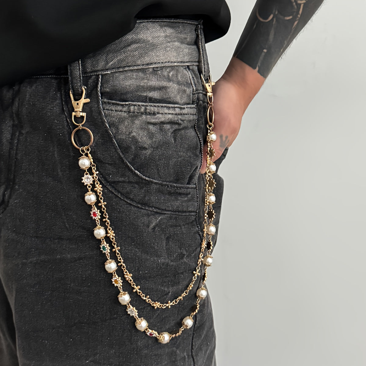 Chaîne en denim 1 pièce, petite chaîne à fleurs, style hip-hop, strass colorés, pendentif chaîne de taille, streetwear