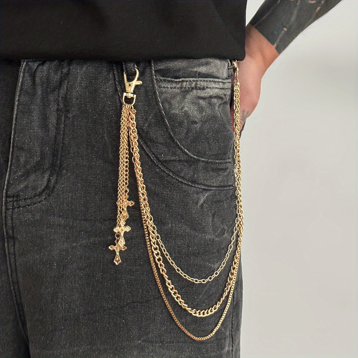 A Casual And Minimalist Style Cross Three-Layer Chain Pendant Pants Chain, Featuring a Trendy Retro Design Suitable for Everyday Parties, Making It a Versatile Gift for Men