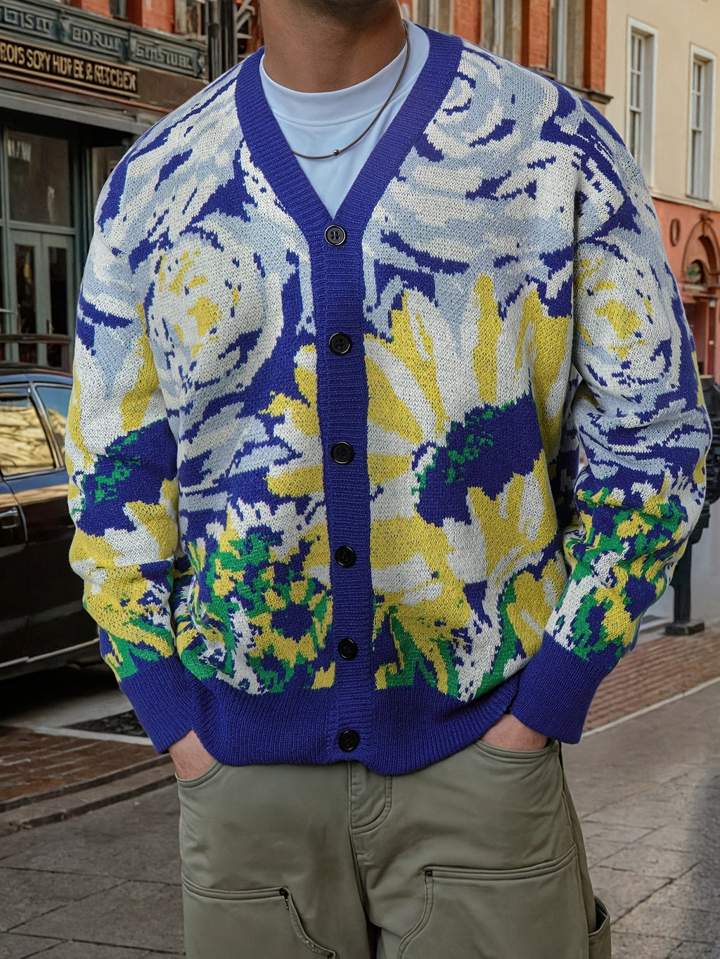 Nouveau pull unisexe décontracté pour hommes et femmes, idéal pour les trajets quotidiens, orné d'un motif abstrait inspiré des peintures à l'huile de Van Gogh, avec un design de cardigan à manches longues en maille.