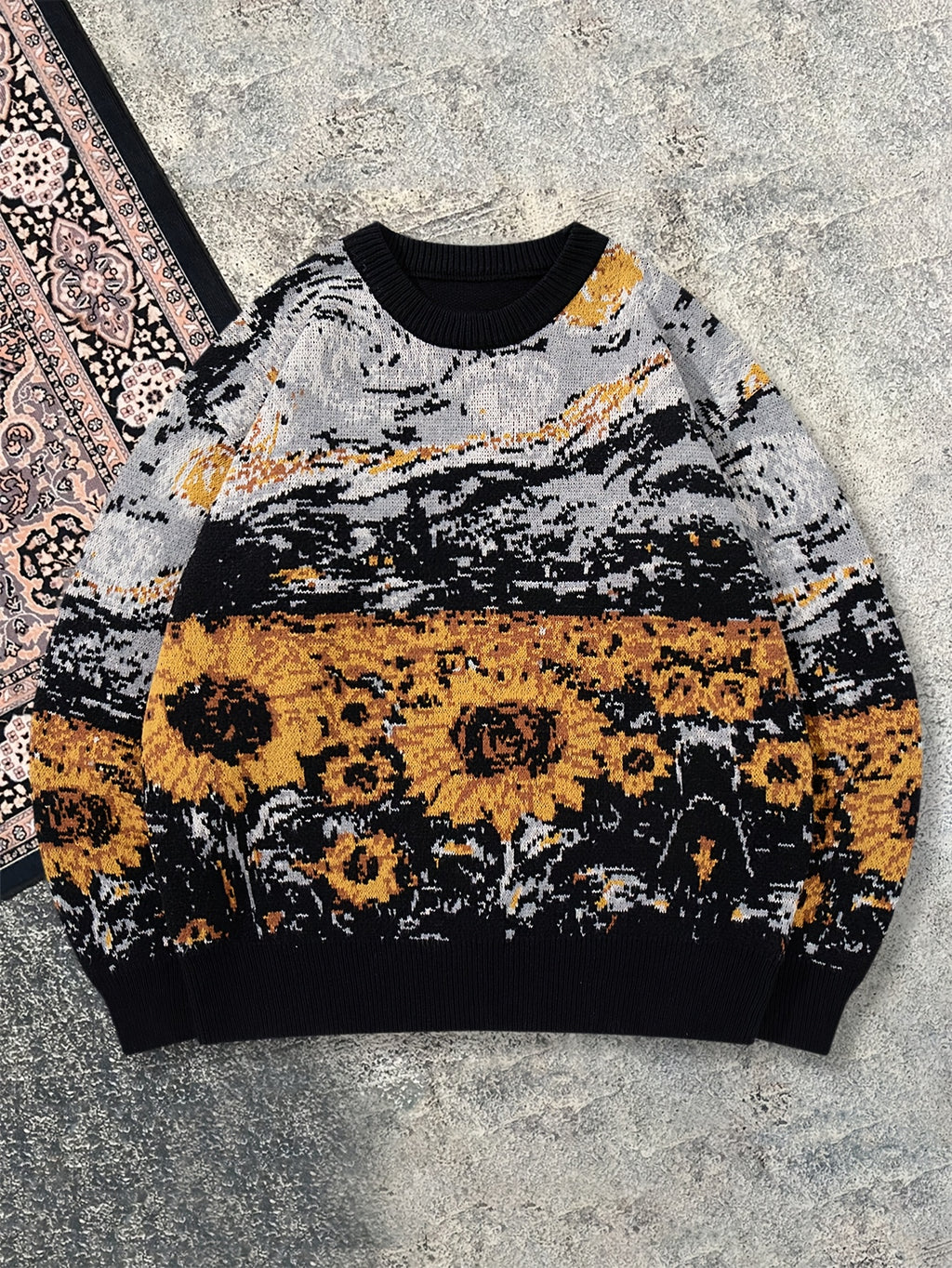 Nouveau pull décontracté pour homme, idéal pour l'automne et l'hiver. Coupe ample, orné d'un motif inspiré de Van Gogh représentant un tournesol et un ciel étoilé, avec des manches longues en maille vintage et un col rond.