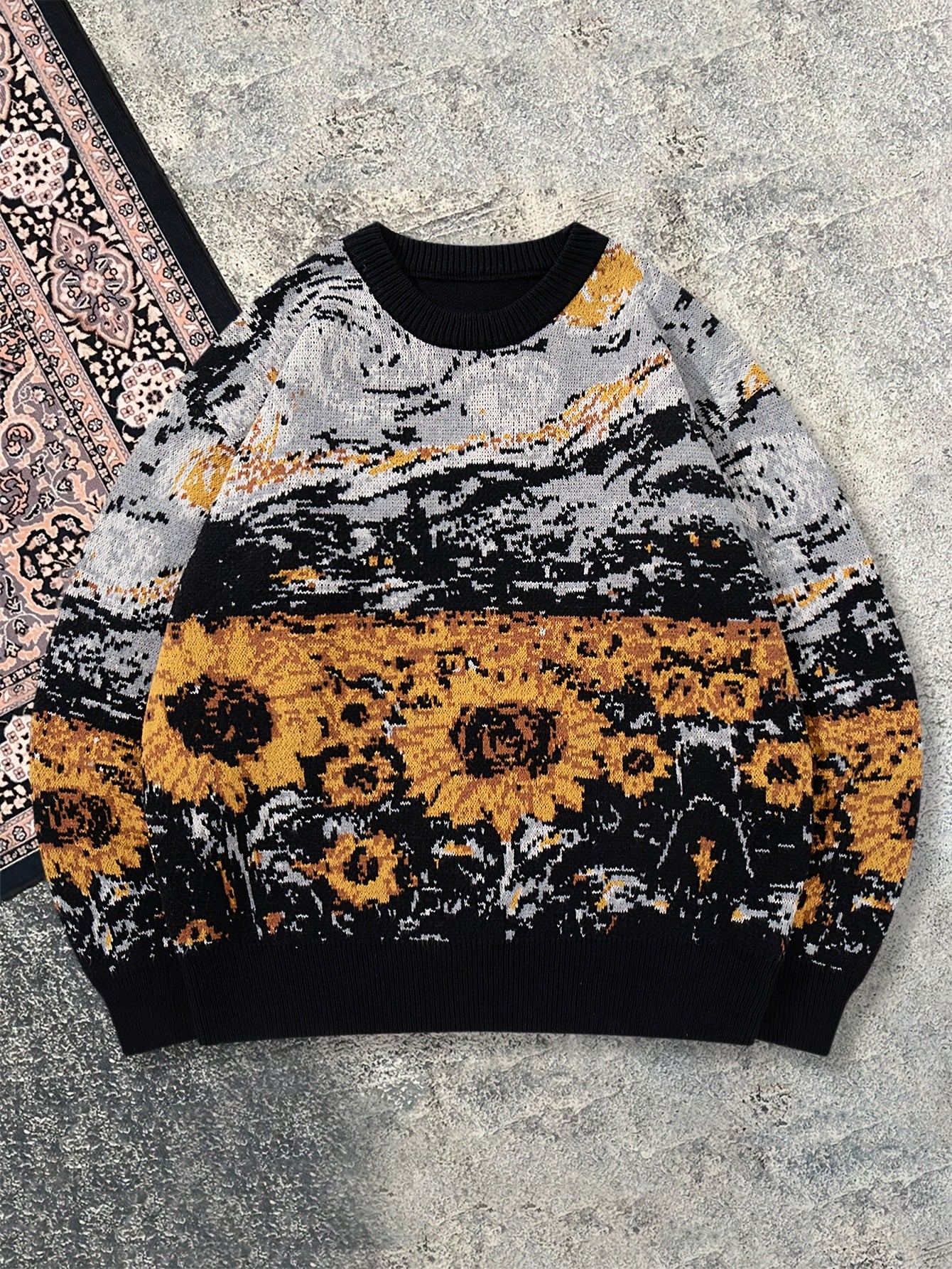 Nouveau pull décontracté pour homme, idéal pour l'automne et l'hiver. Coupe ample, orné d'un motif inspiré de Van Gogh représentant un tournesol et un ciel étoilé, avec des manches longues en maille vintage et un col rond.