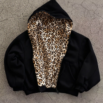 Y2K Vintage Fashion Leopard Print Hoodie, New Double-Sided Harajuku Vintage Leopard Print, Fashion Loose Zipper Hoodie for Men and Women, Street Hip-Hop Casual Sweatshirt, Unisex Streetwear Hoodie with Pockets, Loose Zipper s