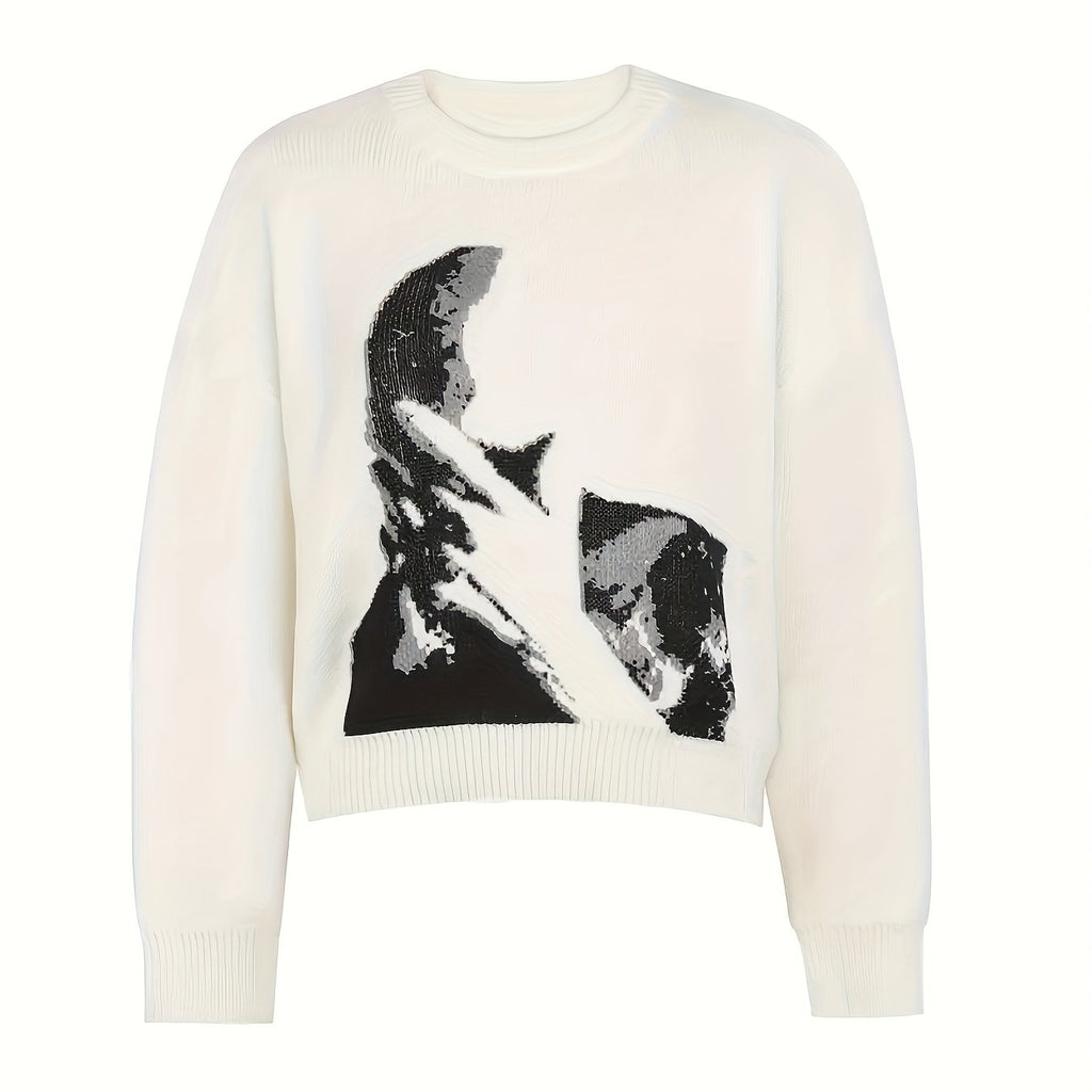 Pull femme Halloween et Noël - Pull graphique visage noir et blanc, pull doux au quotidien pour les tenues de fête d'Halloween, cadeaux de Noël - Pull chic et décontracté toute l'année pour femme, pull de fêtes, tenue festive, motif géométrique