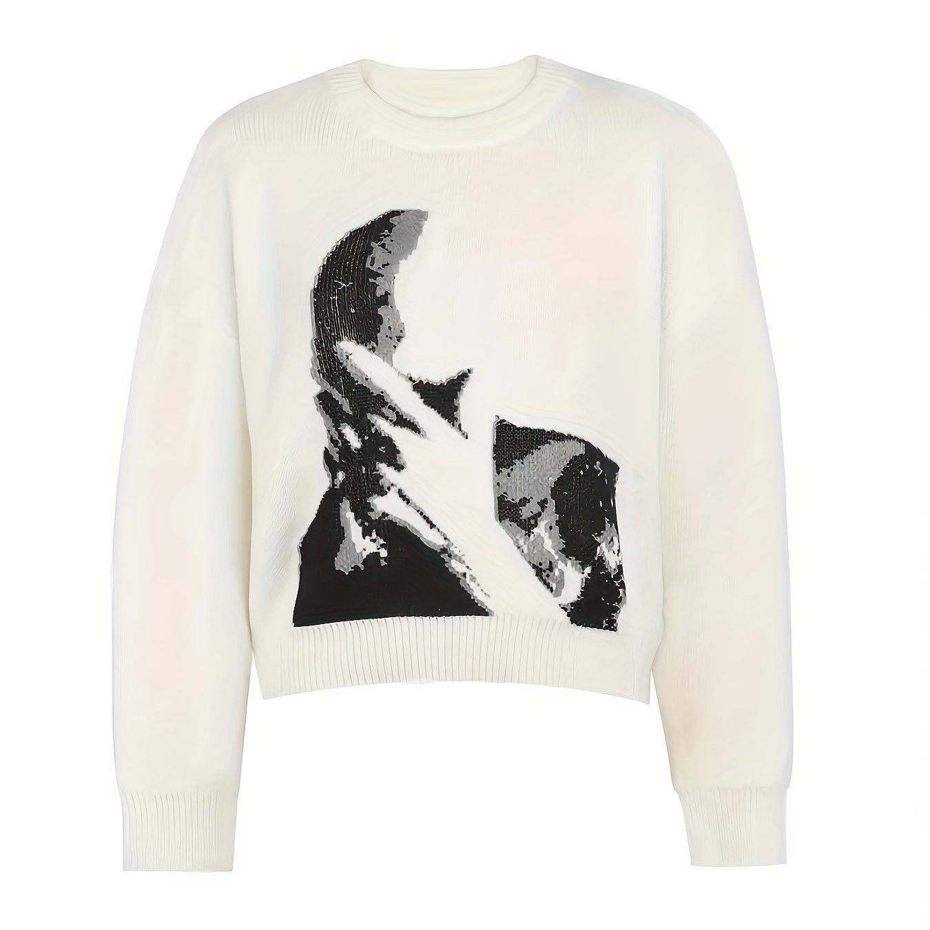 Pull femme Halloween et Noël - Pull graphique visage noir et blanc, pull doux au quotidien pour les tenues de fête d'Halloween, cadeaux de Noël - Pull chic et décontracté toute l'année pour femme, pull de fêtes, tenue festive, motif géométrique